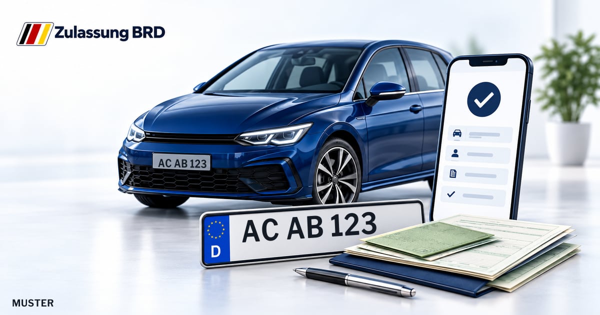 Online Fahrzeugzulassung in Simmerath: Musterkennzeichen AC AB 123, Auto und Fahrzeugpapiere und Smartphone. Illustration mit Logo von Zulassung BRD.